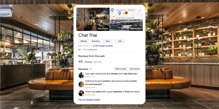 A screenshot of Chat Thais Google business reviews overlaid on a photo of their restaurant