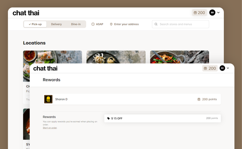 A banner with Chat Thai's online ordering menu and online rewards window overlapping eachother