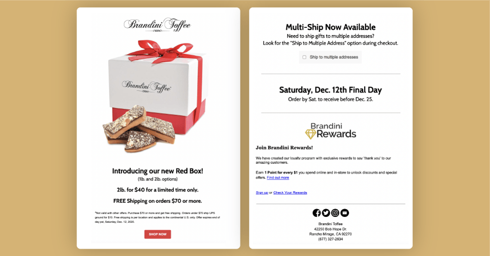Brandini Toffees Red Box email campaign offering free shipping