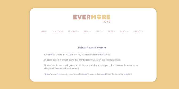 Evermore Toys Points Reward System explainer page from their website