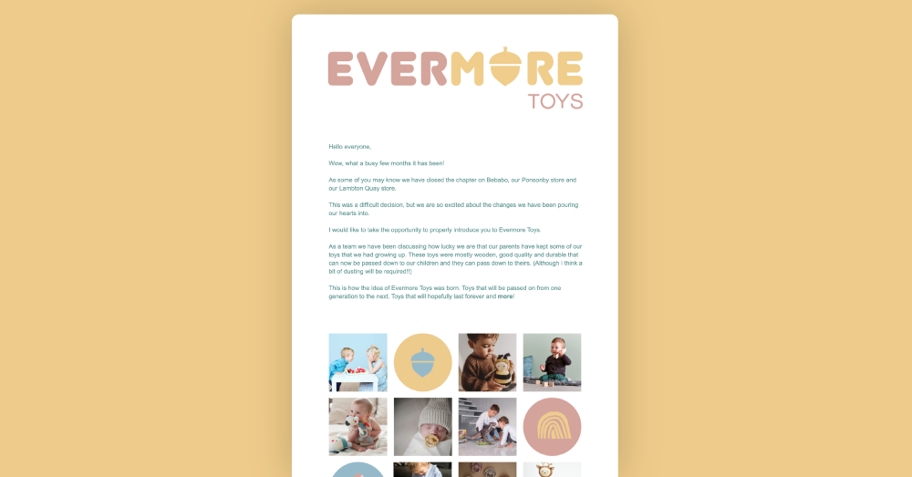 Evermore Toys' loyalty program announcement email on a bright yellow banner