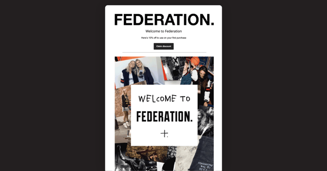Federations automated Welcome email overlaid on a black background