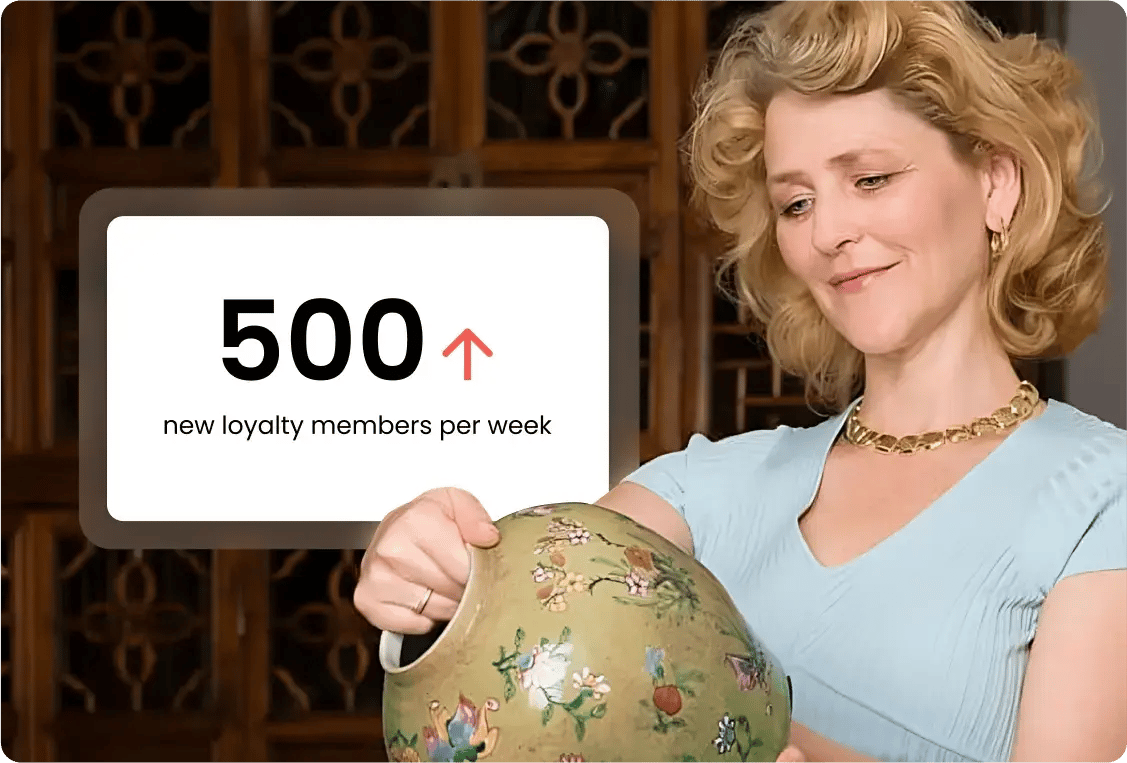 Smiling woman examining a vintage vase with a '500 new loyalty members per week' growth stat overlay