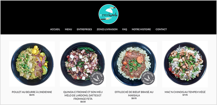 CreaLunch online store's product menu with vibrant images of the meals they offer.