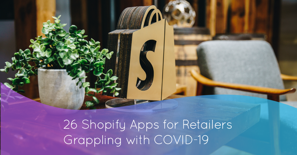 Marsello gradient over a Shopify logo. 26 Shopify apps for retailesr grappling with COVID-19