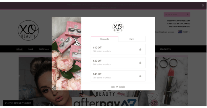 XObeauty's pink-themed loyalty widget that pops up on their website and encourages customers to sign up to the program