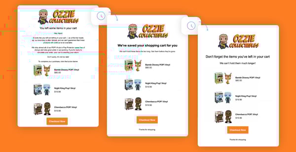 A banner with a bright orange background showcases the three emails of Ozzie Collectables Abandoned Cart automated campaign. They’ve included three recommended products in each email with a ‘Checkout Now’ CTA.