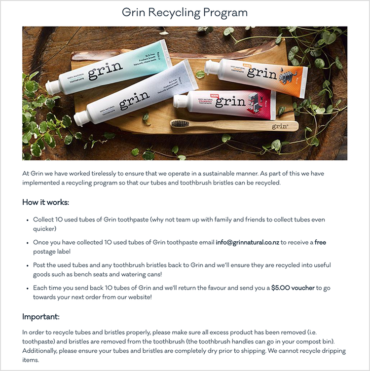Landing page for the Grin Recycling Program with details of how they recycle Grin-branded waste.