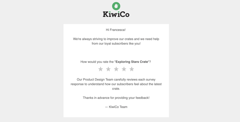 KiwiCo asks subscribers to rate their experience of using a specific product with 5 stars.