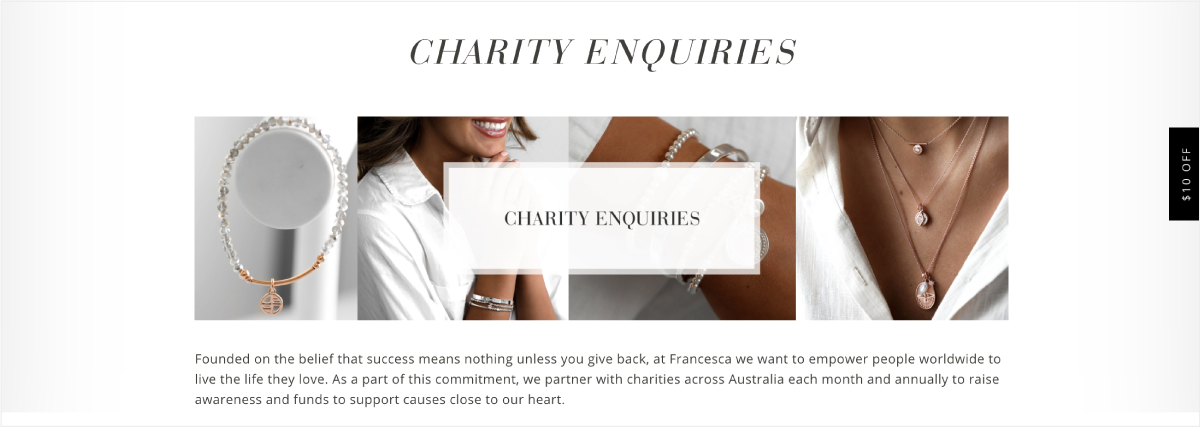 Francesca's Charity Enquiries landing page with information about their charity efforts.