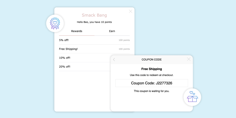 Smack Bang's loyalty widget with a free shipping coupon code added to an email campaign.
