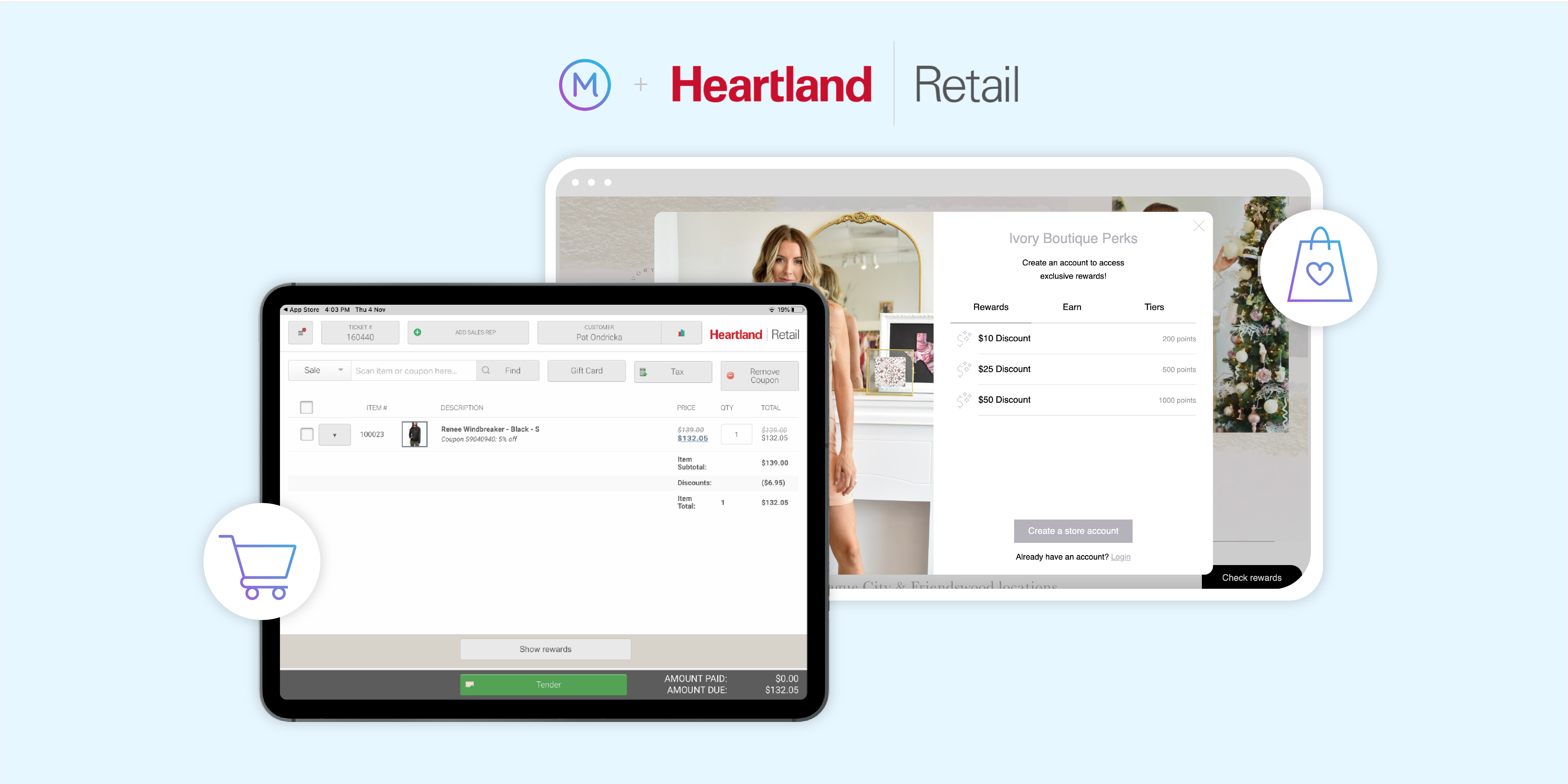 Heartland Retail POS with a retailer loyalty program in the background.