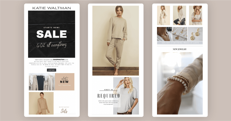 Katie Waltman's sale announcement email campaign on a tan background