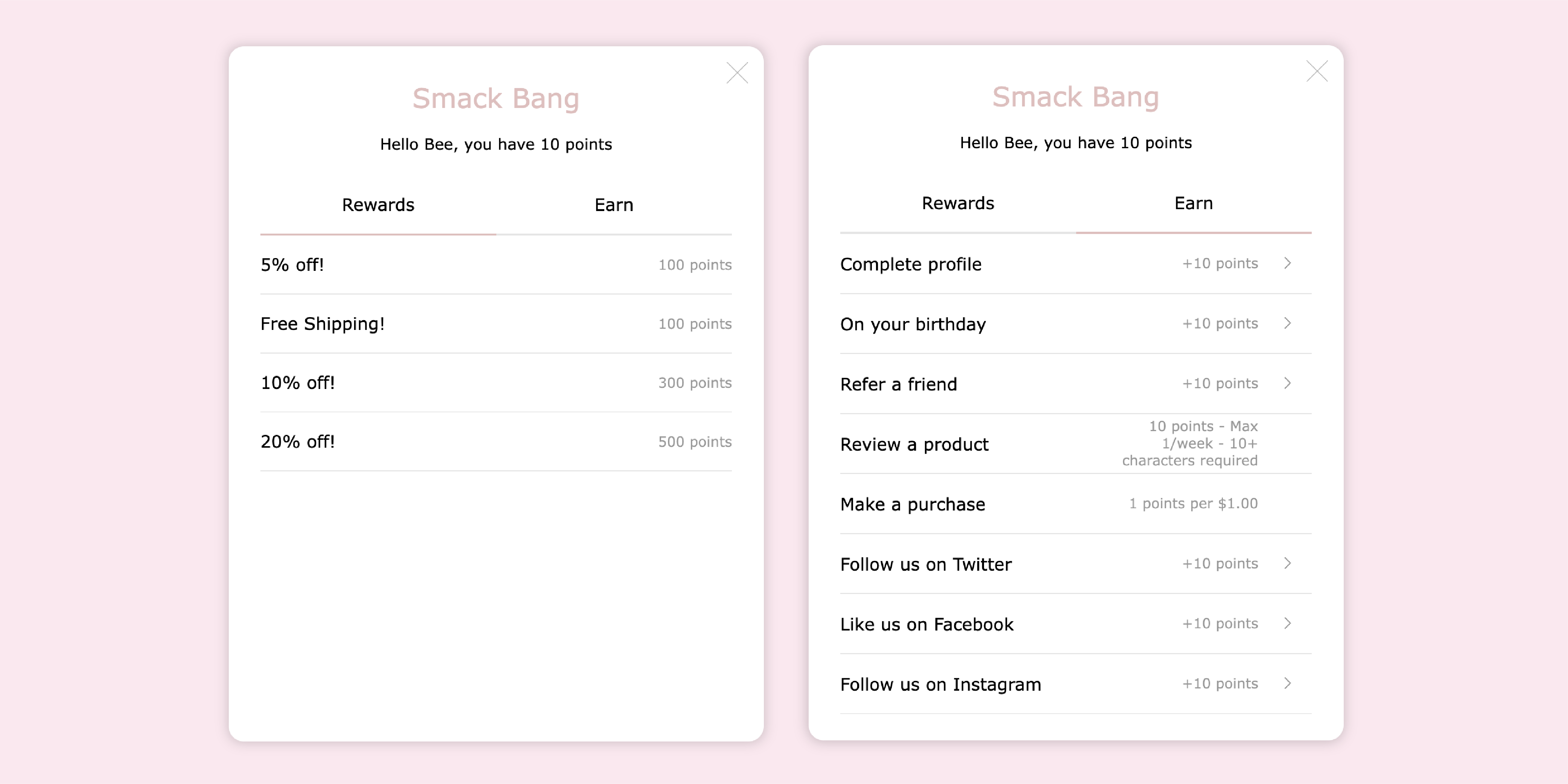 Smack bang's earn and rewards options from their eCommerce store's loyalty widget