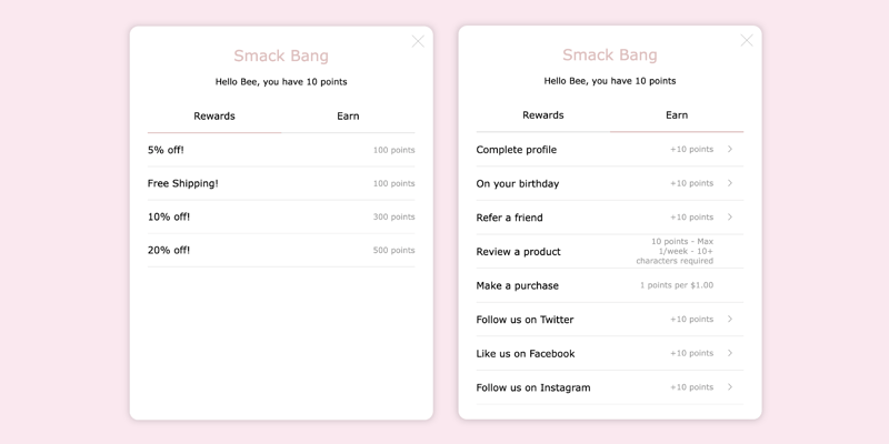 Smack bang's earn and rewards options from their eCommerce store's loyalty widget displayed on a light pink banner