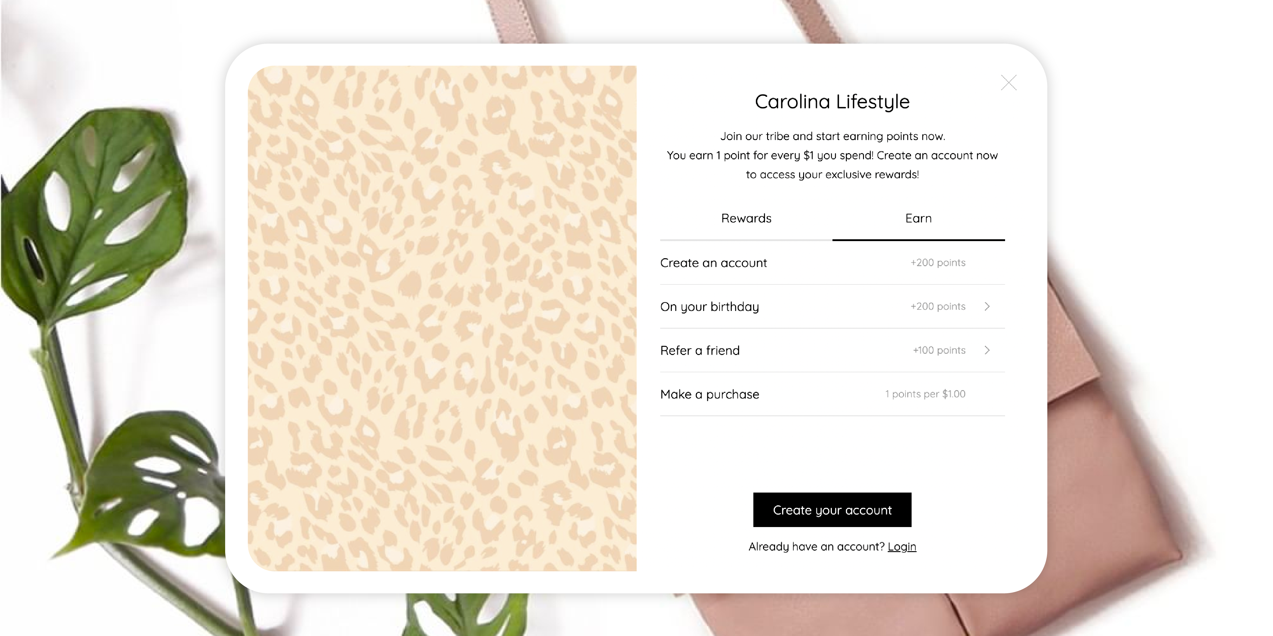 Carolina Liyestyle's eCommerce loyalty widget showcasing loyalty member earn options