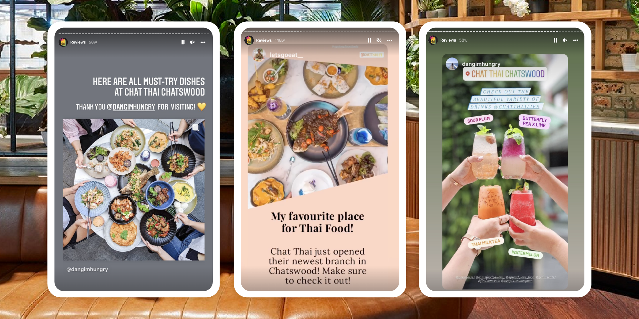 3 social media reviews from Instagram for Chat Thai's restaurants.