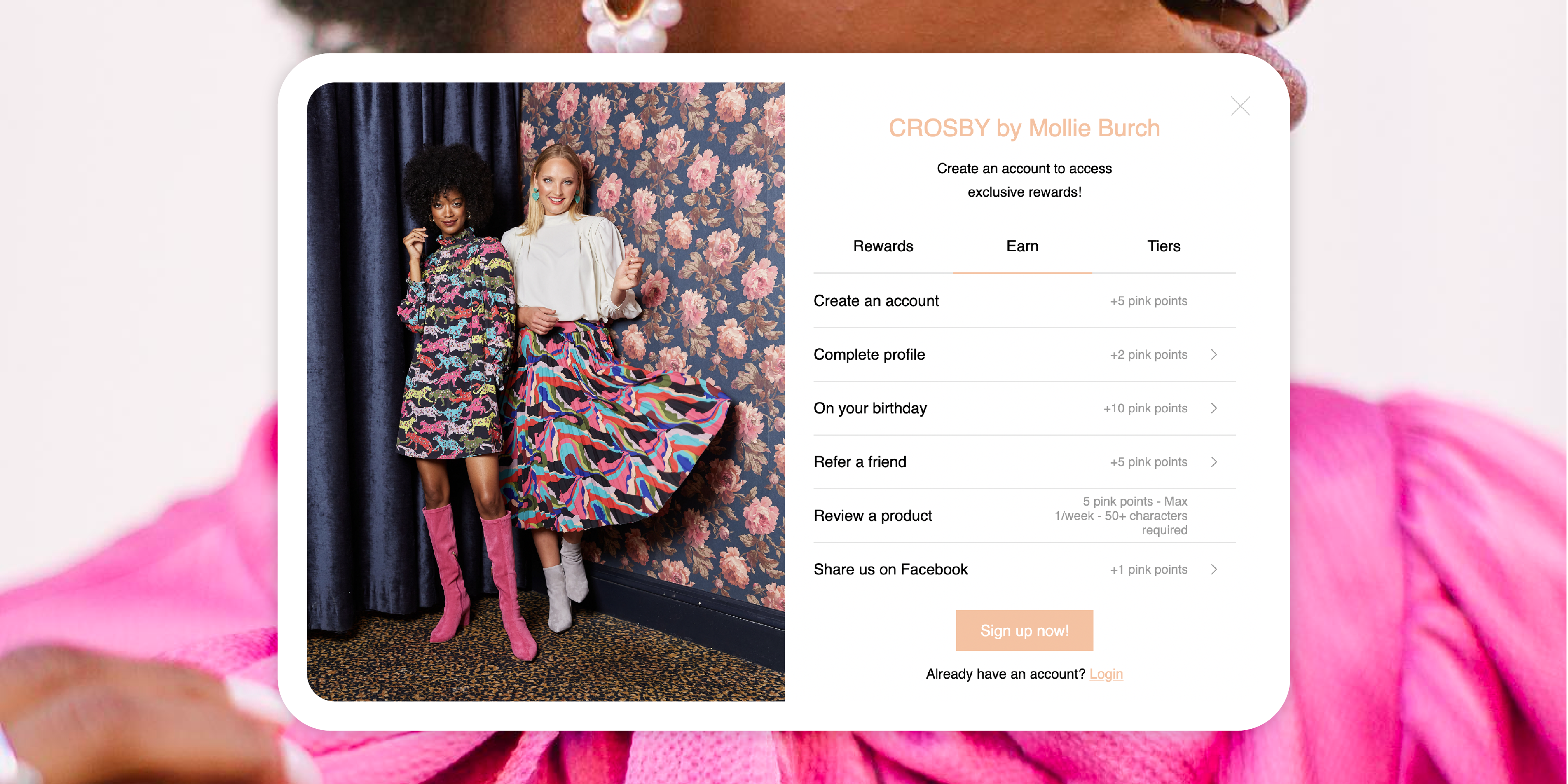 The eCommerce loyalty widget on Crosby by Mollie Birch's ecommerce site.
