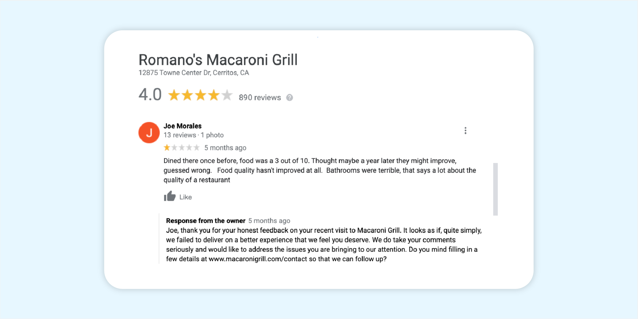 A 1-star Google Business Review for a hospitality business with a well-delivered, positive reply from the business owners