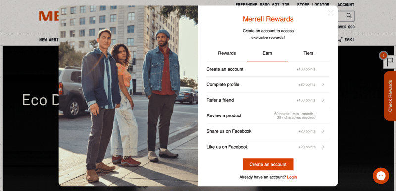 Merrell NZs online stores loyalty widget pop-up showing how customers earn points