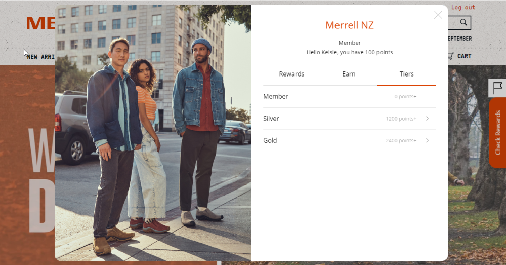 Merrell NZ's VIP tiered loyalty program online widget