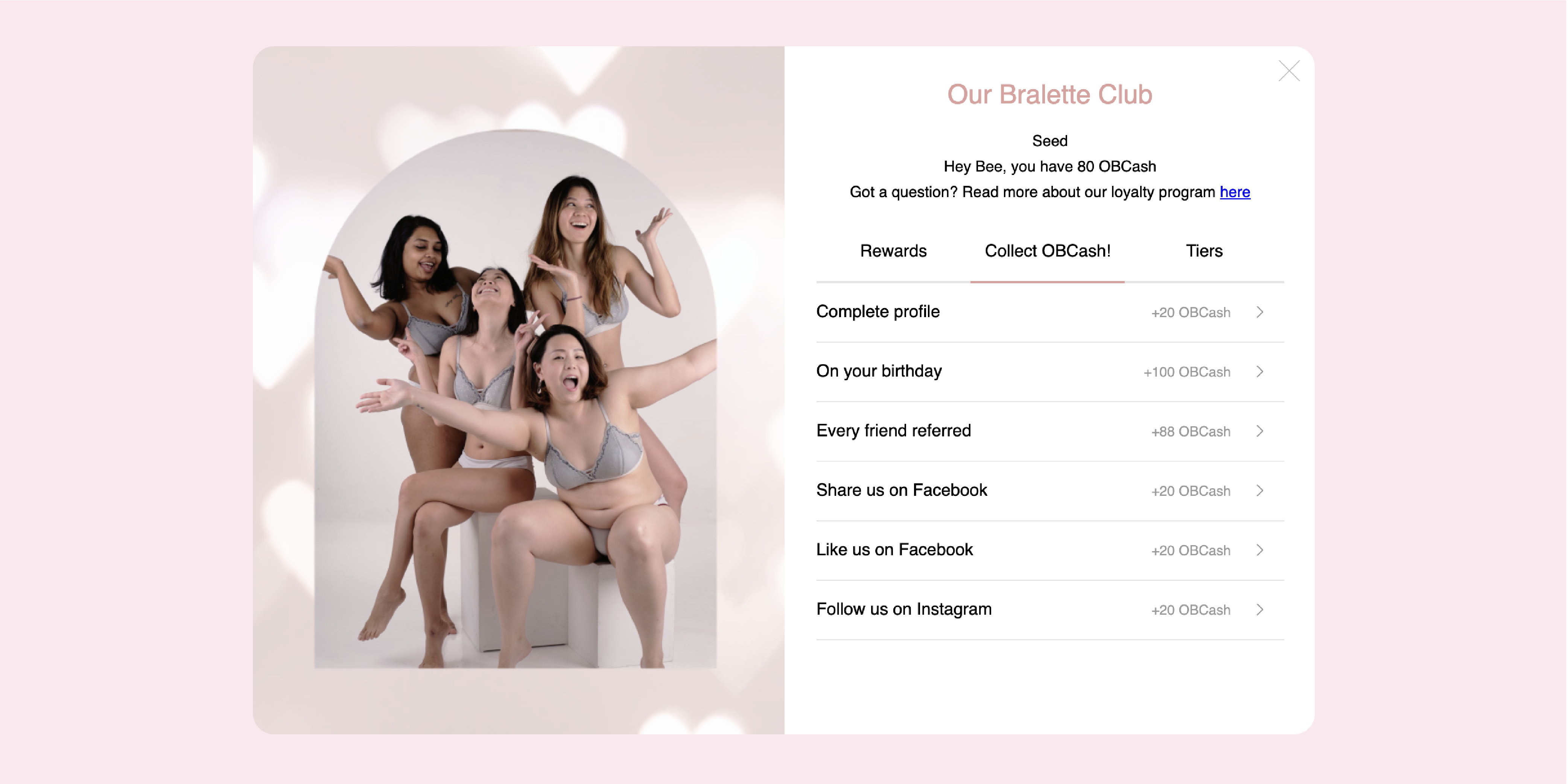 Our Bralette Clubs loyalty widget on a light pink banner