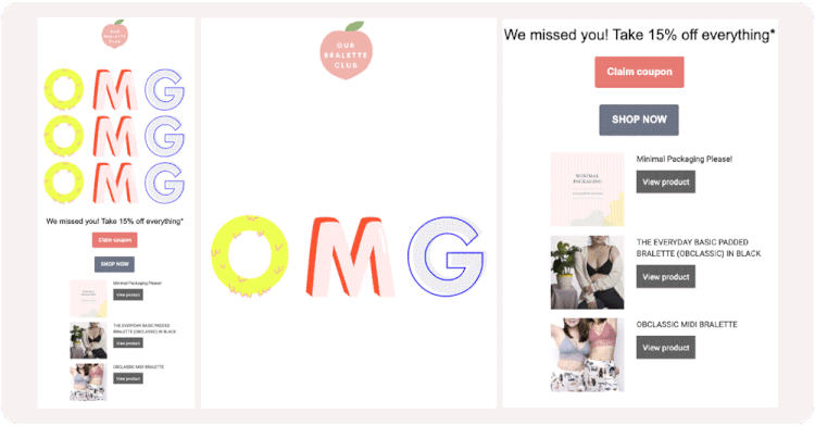 A GIF-filled automated email flow from Our Bralette Club with product offerings and baby-pink themes