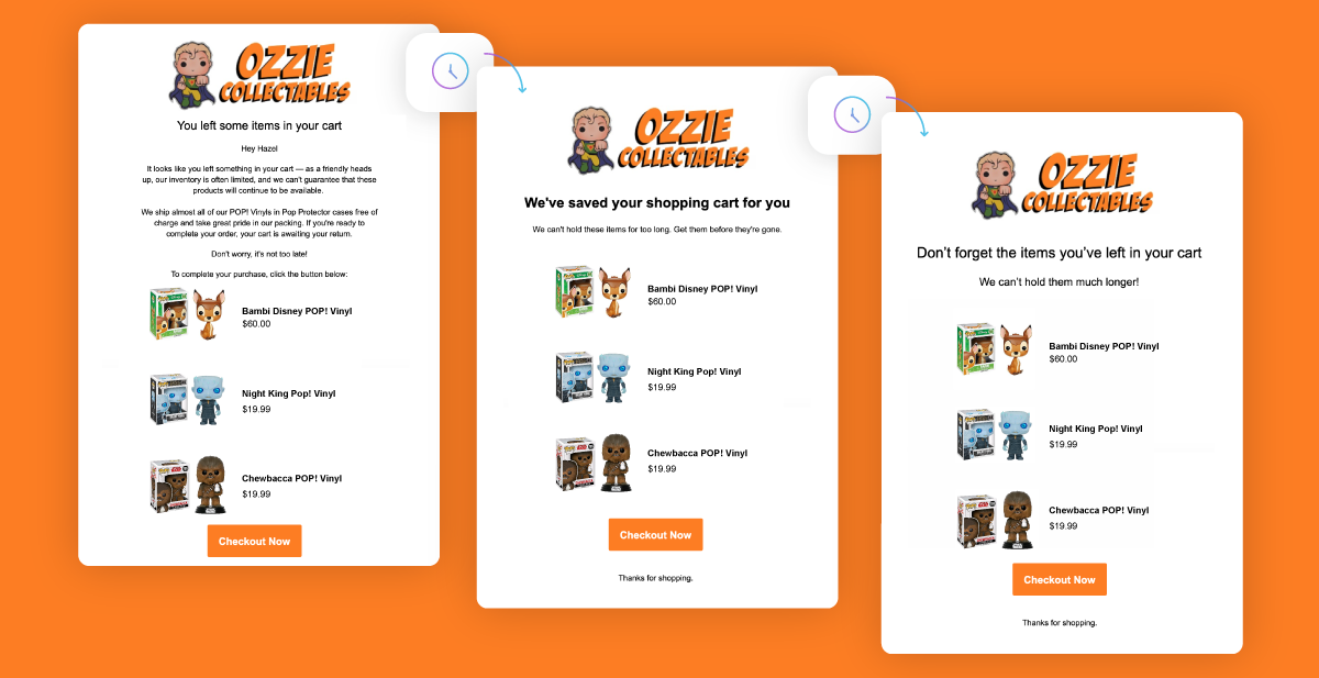 Ozzie Collectables' cart recovery automated email flow.