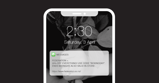SMS Campaign from Federation offering a 20% discount overlaid on a phone screen