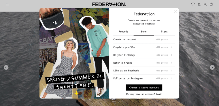 Federation's online store loyalty widget pop-up