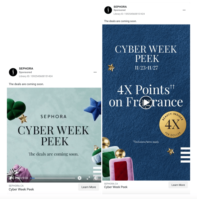 Two examples of Sephora ads that build hype - videos with 'coming soon' & '4x points' promotion