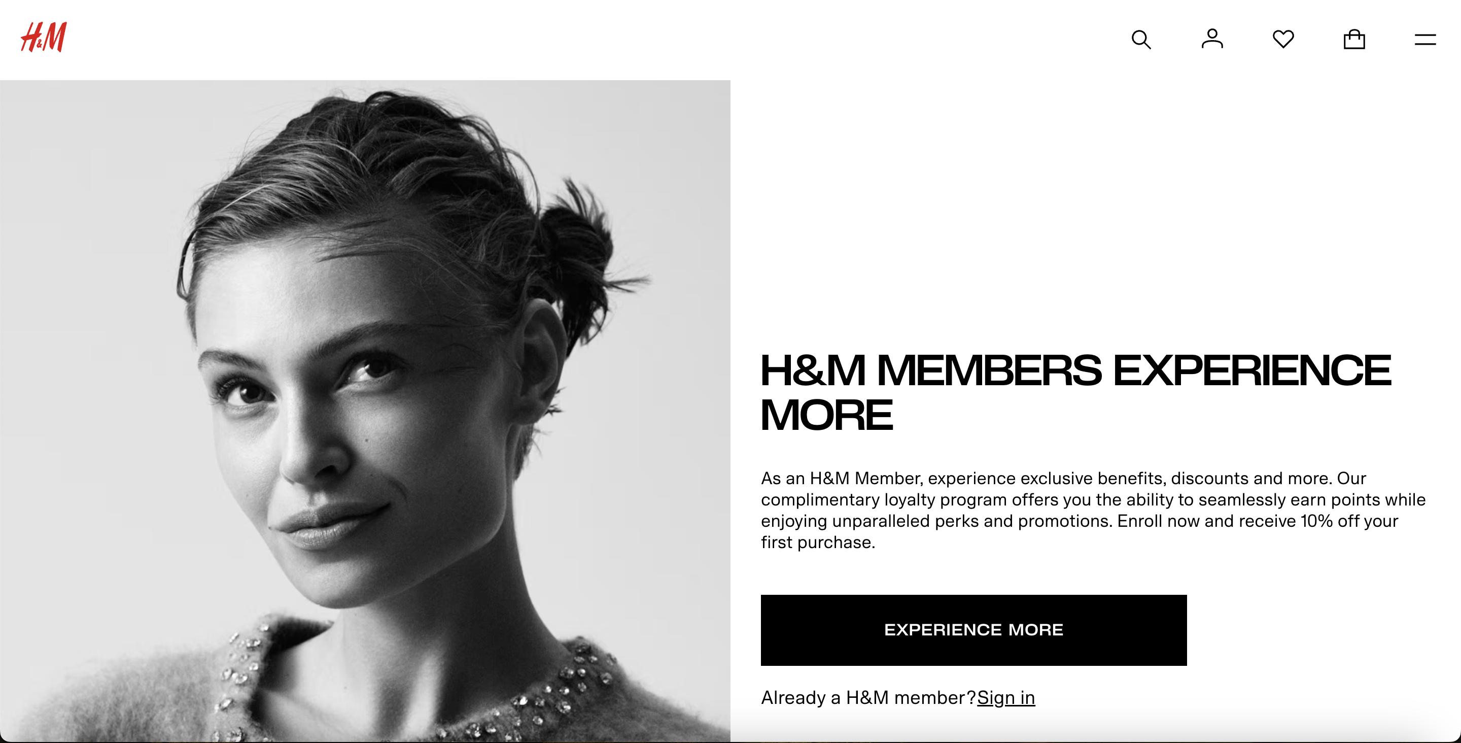 H&M's banner on their loyalty program landing page