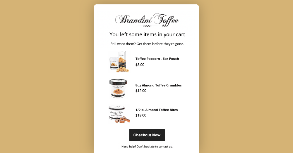 Brandini Toffees abandoned cart email campaign on a mustard yellow background
