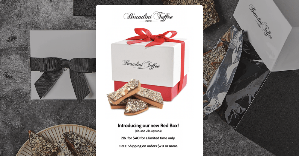 Brandini toffees pre-Christmas red box email campaign offering free shipping
