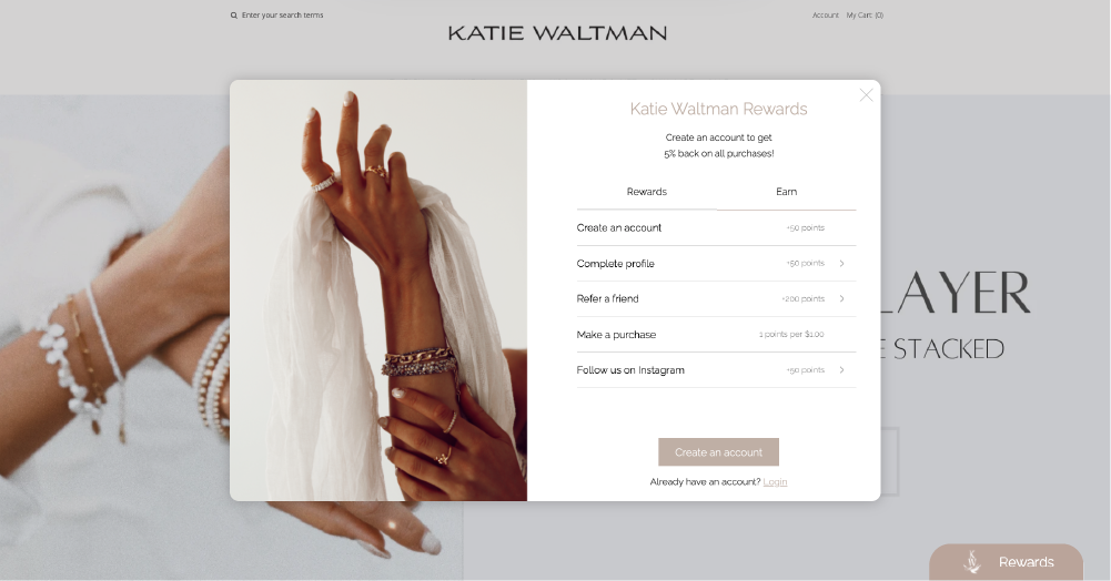 Katie Waltman's eCommerce loyalty widget showing earn options of loyalty members