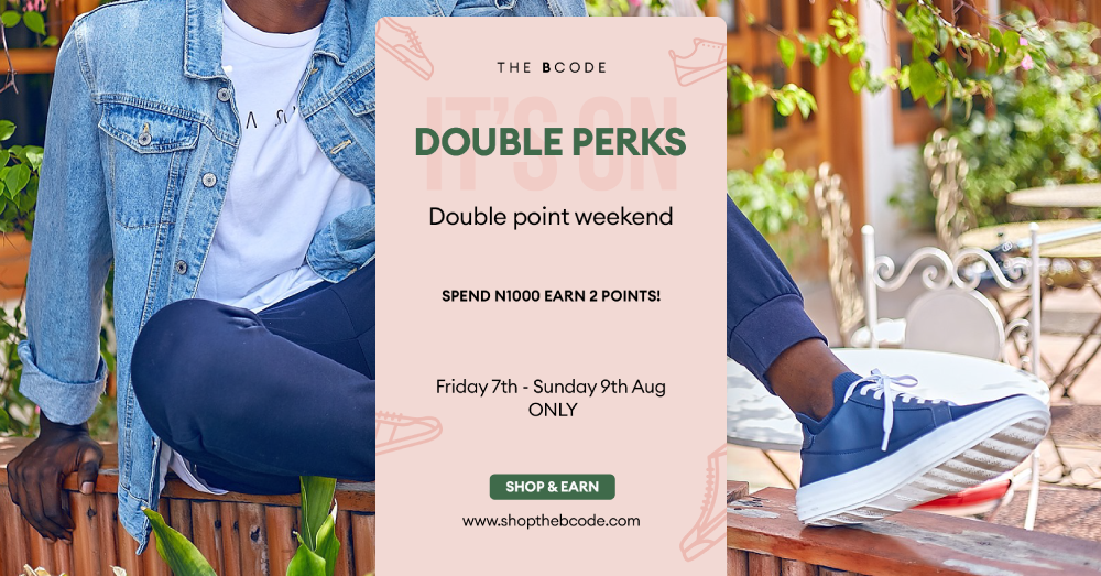 bCODE's "double perks" points promotion email on a banner of a woman modelling blue sneakers