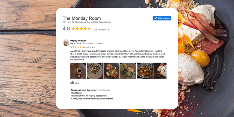 The Monday Rooms Google Business Reviews page featuring a response from the business to the reviewer.