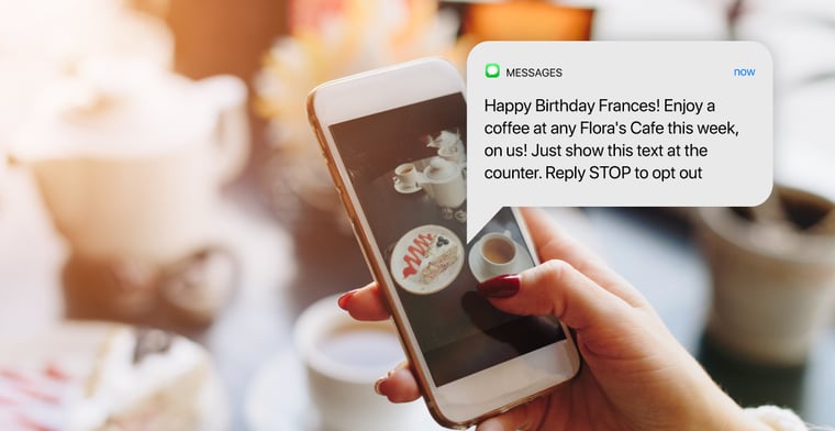 Woman-taking-photo-of-cake-and-a-happy-birthday-SMS-discount-code-notification-2