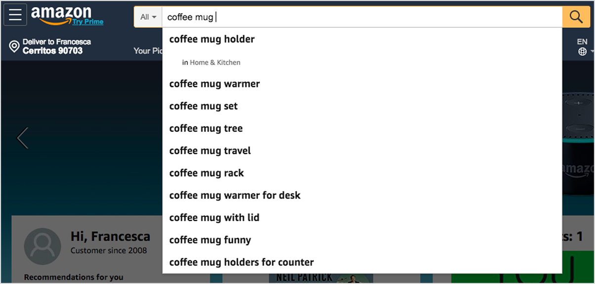 Amazon search suggestions