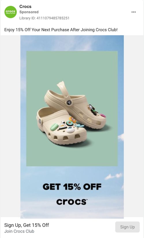 Crocs ad that gives a 15% discount when you sign up to their marketing emails