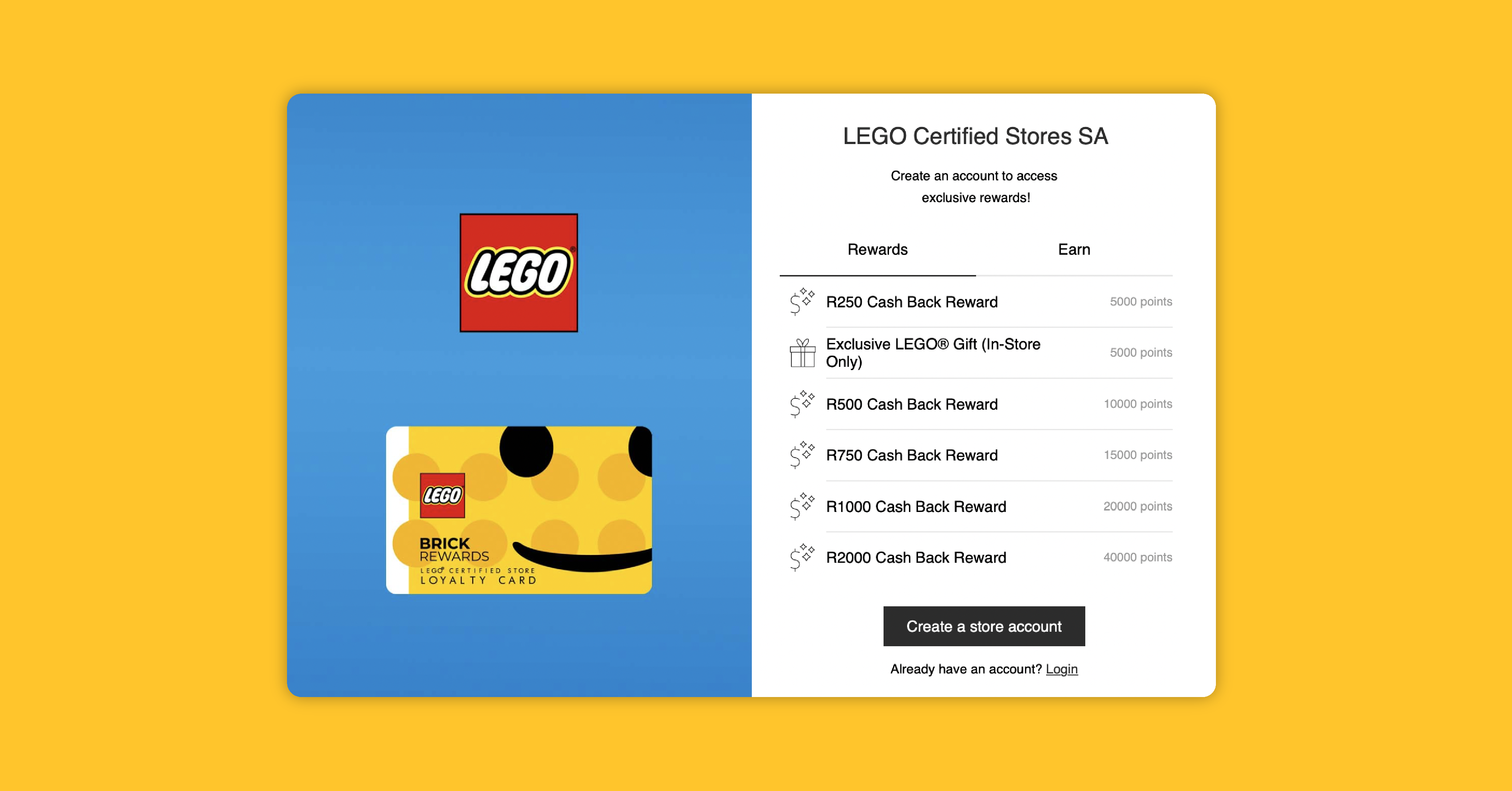 LEGO Certified Stores' loyalty widget on a bright yellow background