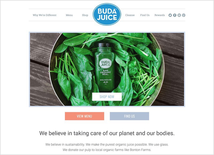 Buda Juice's website landing page with a large banner image of a green smoothie.