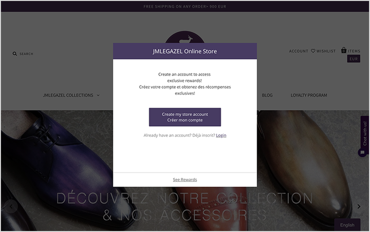 JMLEGAZEL’s account creation pop-up on their online store.