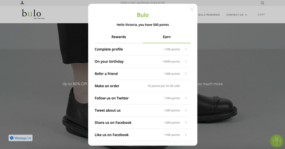 Bulo Shoes’ loyalty widget which pops up from a circular floating tab that sits on their online store.