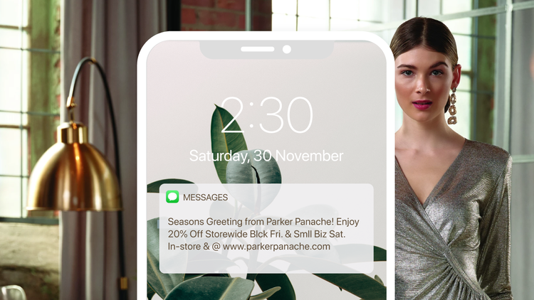 Parker Panache's SMS campaign to offer customers a 20% off discount for Black Friday.