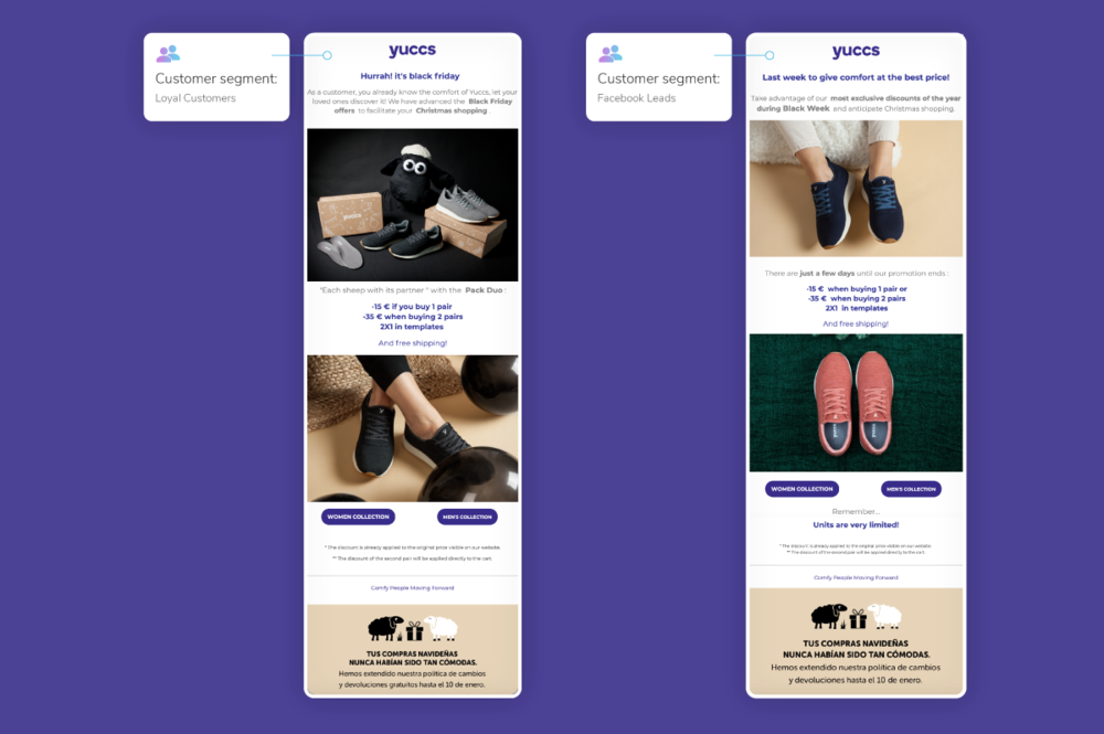 Last November, Yuccs (a Spanish merino shoe-brand) sent several holiday email marketing campaigns to different customer segments. The image shows two different campaigns. One sent to loyal customers; the other sent to Facebook leads. The emails sit on a complimentary purple background. Each email offers a black friday deal to customers, although the content is specific to the segment group Either they invite loyal customers to share their brand with friends, or the invite customers to take advantage of the exclusive deals of the season.
