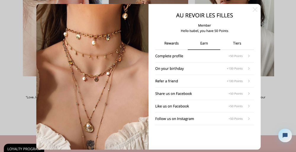 Au Revoir Les Filles’ loyalty pop-up widget, which features on their website.