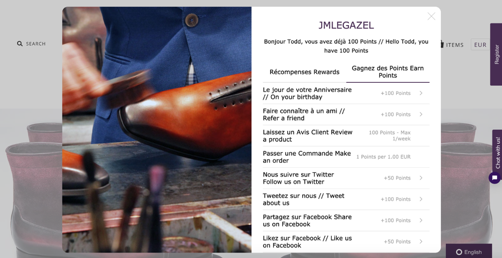 JMLEGAZEL’s detailed and generous loyalty program features a widget pop-up on their website.