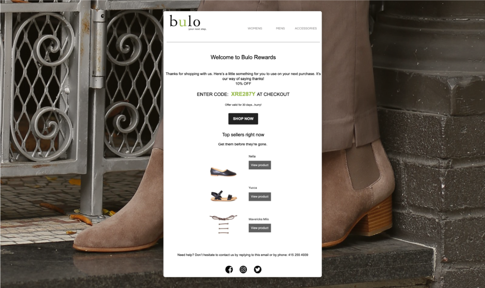 Bulo Shoe’s automated Thank First-time Customer email campaign with product recommendations and ‘View Product’ CTAs.