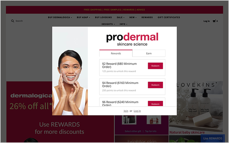 Prodermal's online widget, explaining rewards and earn options. 
